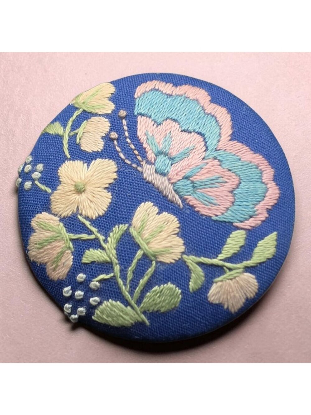 Hallmark Stitchery Butterfly  Floral Fabric Pin Brooch Blue Pink Yellow Accents